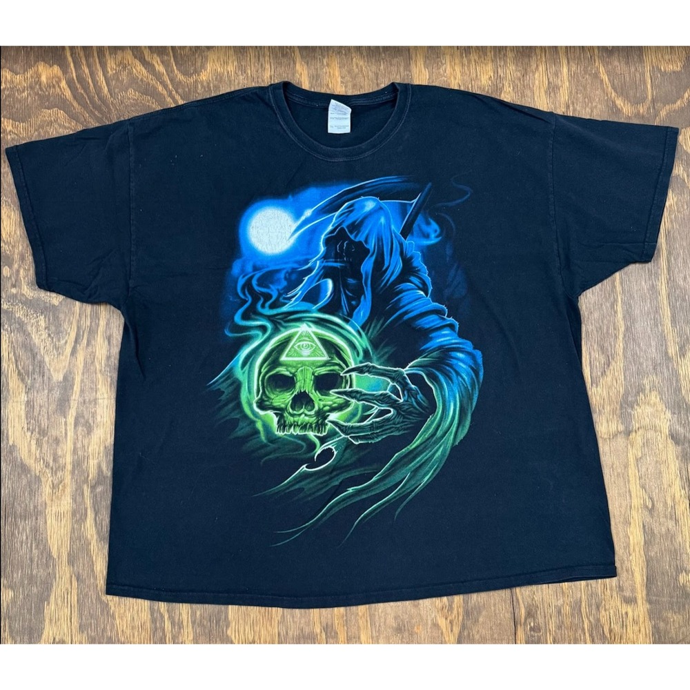 Gildan Grim Reaper Illuminati Skull Graphic Tee 2XL Black Blue Green Goth